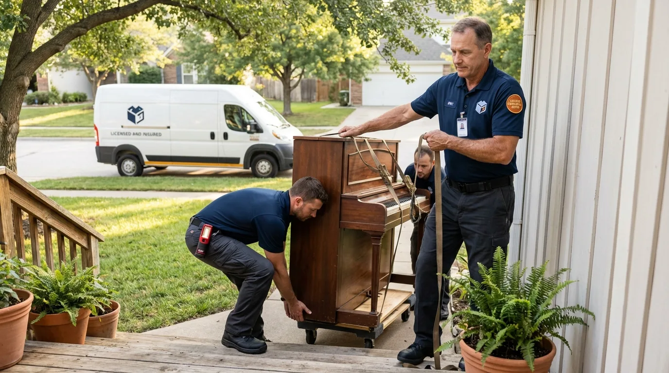 Licensed piano movers securing grand piano in Kennesaw, GA