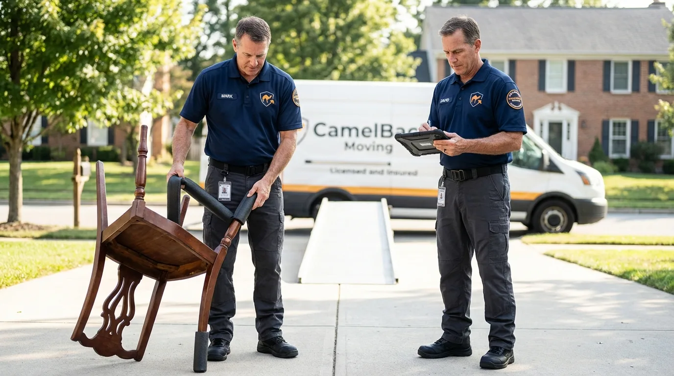 Movers inspecting furniture for damage prevention before loading in Kennesaw, GA